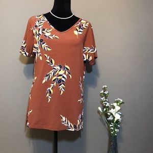 Christopher & Banks VNeck Brown Leaves Pattern Top